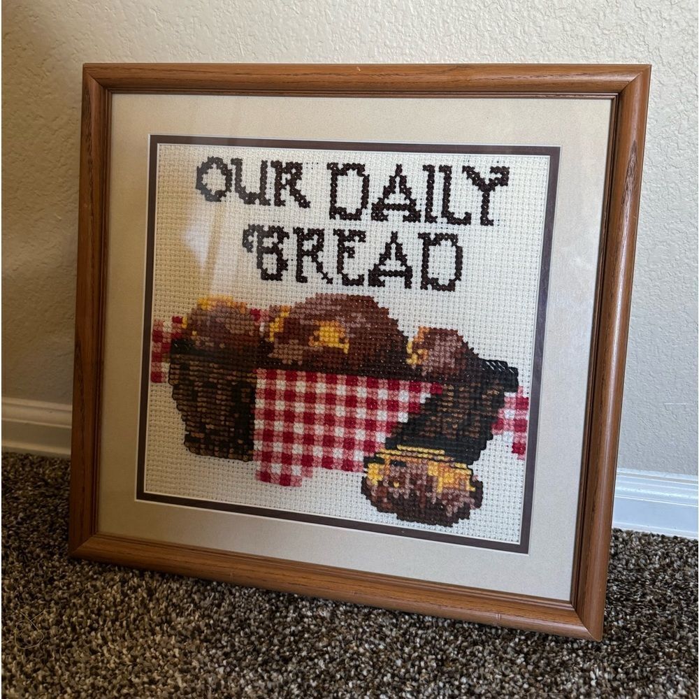 Vintage Cross-stitch Religious „Our Daily Bread“ Framed‎ Picture 14“ by 14.5“